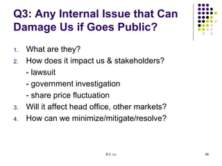 Q3: Any Internal Issue that Can
Damage Us if Goes Public?
1. What are they?
2. How does it impact us & stakeholders?
- law...