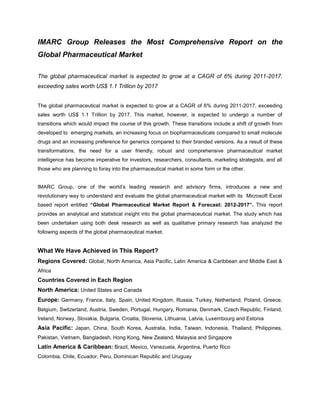 IMARC Group Releases the Most Comprehensive Report on the
Global Pharmaceutical Market

The global pharmaceutical market is expected to grow at a CAGR of 6% during 2011-2017,
exceeding sales worth US$ 1.1 Trillion by 2017


The global pharmaceutical market is expected to grow at a CAGR of 6% during 2011-2017, exceeding
sales worth US$ 1.1 Trillion by 2017. This market, however, is expected to undergo a number of
transitions which would impact the course of this growth. These transitions include a shift of growth from
developed to emerging markets, an increasing focus on biopharmaceuticals compared to small molecule
drugs and an increasing preference for generics compared to their branded versions. As a result of these
transformations, the need for a user friendly, robust and comprehensive pharmaceutical market
intelligence has become imperative for investors, researchers, consultants, marketing strategists, and all
those who are planning to foray into the pharmaceutical market in some form or the other.


IMARC Group, one of the world’s leading research and advisory firms, introduces a new and
revolutionary way to understand and evaluate the global pharmaceutical market with its Microsoft Excel
based report entitled “Global Pharmaceutical Market Report & Forecast: 2012-2017”. This report
provides an analytical and statistical insight into the global pharmaceutical market. The study which has
been undertaken using both desk research as well as qualitative primary research has analyzed the
following aspects of the global pharmaceutical market.


What We Have Achieved in This Report?
Regions Covered: Global, North America, Asia Pacific, Latin America & Caribbean and Middle East &
Africa
Countries Covered in Each Region
North America: United States and Canada
Europe: Germany, France, Italy, Spain, United Kingdom, Russia, Turkey, Netherland, Poland, Greece,
Belgium, Switzerland, Austria, Sweden, Portugal, Hungary, Romania, Denmark, Czech Republic, Finland,
Ireland, Norway, Slovakia, Bulgaria, Croatia, Slovenia, Lithuania, Latvia, Luxembourg and Estonia
Asia Pacific: Japan, China, South Korea, Australia, India, Taiwan, Indonesia, Thailand, Philippines,
Pakistan, Vietnam, Bangladesh, Hong Kong, New Zealand, Malaysia and Singapore
Latin America & Caribbean: Brazil, Mexico, Venezuela, Argentina, Puerto Rico
Colombia, Chile, Ecuador, Peru, Dominican Republic and Uruguay
 