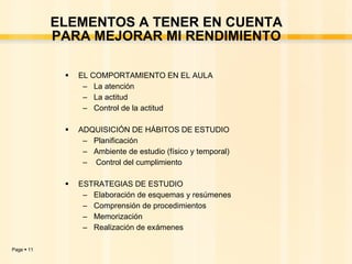 ELEMENTOS A TENER EN CUENTA PARA MEJORAR MI RENDIMIENTO EL COMPORTAMIENTO EN EL AULA La atención La actitud Control de la actitud ADQUISICIÓN DE HÁBITOS DE ESTUDIO Planificación Ambiente de estudio (físico y temporal) Control del cumplimiento ESTRATEGIAS DE ESTUDIO Elaboración de esquemas y resúmenes Comprensión de procedimientos Memorización  Realización de exámenes 