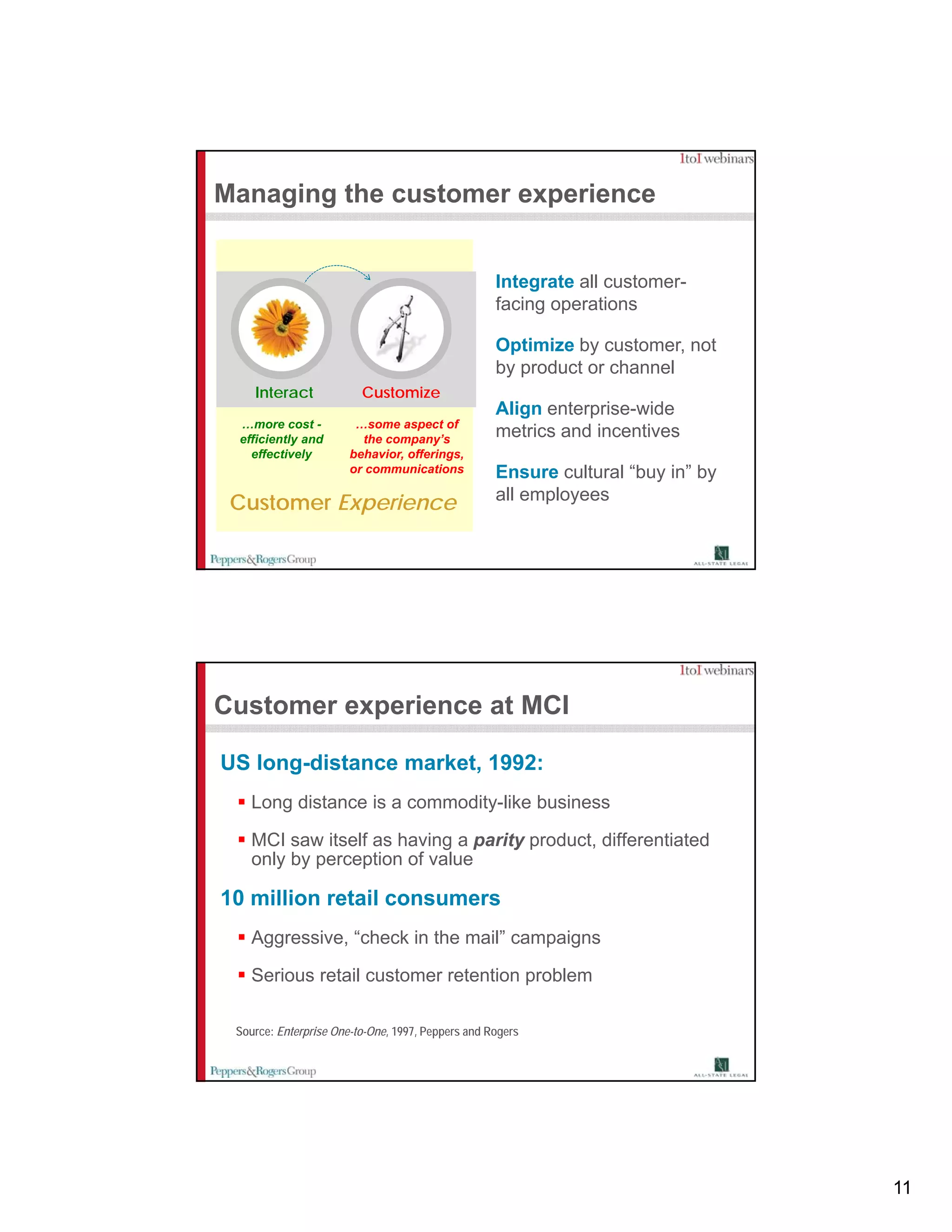 Managing the customer experience


                                                   Integrate all customer-
                                                       g
                                                   facing operations

                                                   Optimize by customer, not
                                                   by product or channel
    Interact             Customize
                                                   Align enterprise-wide
 …more cost -           …some aspect of
                                   p
 efficiently and         the company’s
                                                   metrics and incentives
   effectively         behavior, offerings,
                       or communications           Ensure cultural “buy in” by
                                                   all employees
 Customer Experience




Customer experience at MCI

US long-distance market, 1992:
    Long distance is a commodity-like business
                       commodity like

    MCI saw itself as having a parity product, differentiated
    only by perception of value

10 million retail consumers
    Aggressive, check
    Aggressive “check in the mail” campaigns
                             mail

    Serious retail customer retention problem

 Source: Enterprise One-to-One, 1997, Peppers and Rogers




                                                                                 11
 