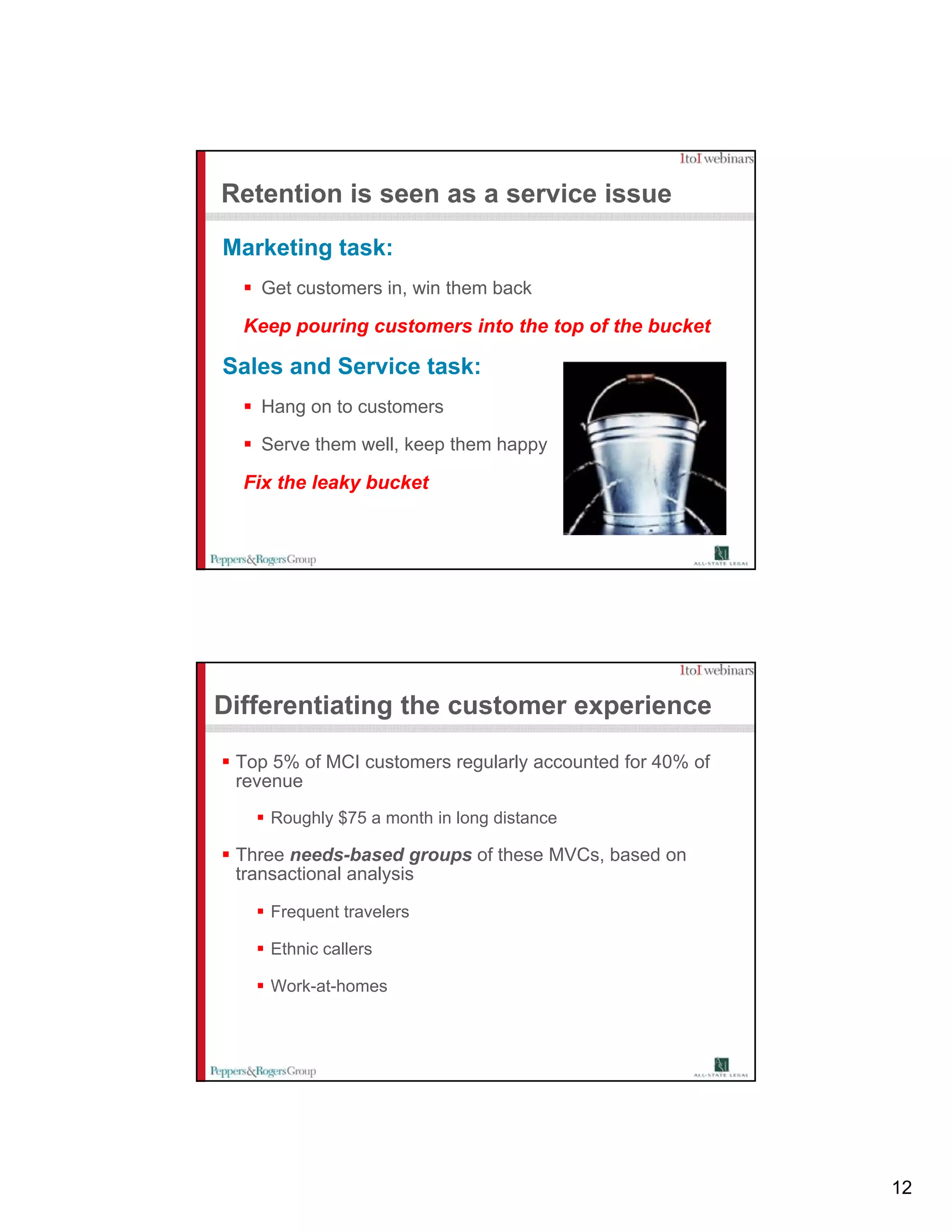 Retention is seen as a service issue

Marketing task:
   Get customers in win them back
                 in,

  Keep pouring customers into the top of the bucket

Sales and Service task:
   Hang on to customers

   Serve them well, keep them happy

  Fix the leaky bucket




Differentiating the customer experience

 Top 5% of MCI customers regularly accounted for 40% of
 revenue
    Roughly $75 a month in long distance

 Three needs-based groups of these MVCs, based on
 transactional analysis

    Frequent travelers

    Ethnic callers

    Work-at-homes




                                                          12
 