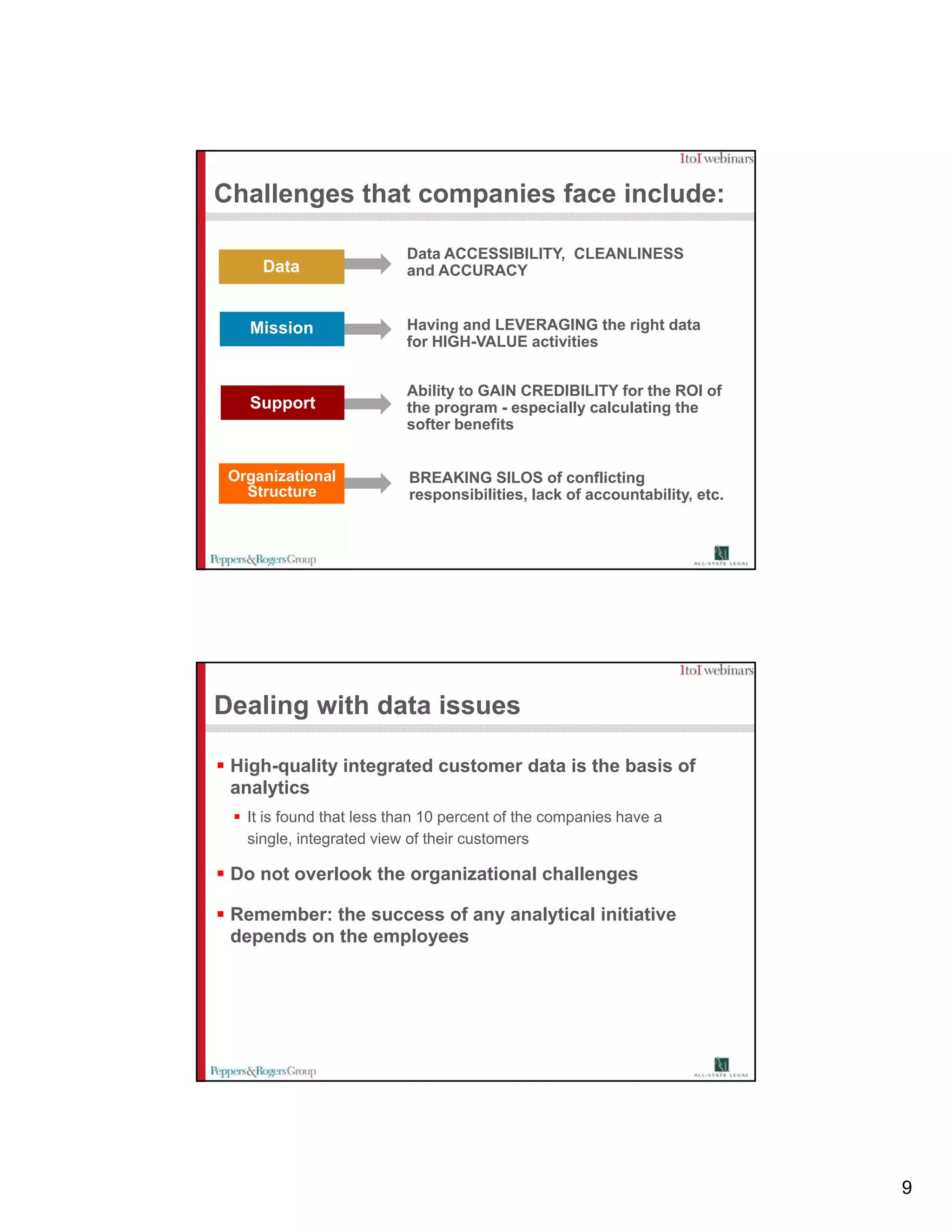 Challenges that companies face include:

                          Data ACCESSIBILITY, CLEANLINESS
     Data                 and ACCURACY


   Mission                Having and LEVERAGING the right data
                          for HIGH-VALUE activities


                          Ability to GAIN CREDIBILITY for the ROI of
   Support                the program - especially calculating the
                          softer benefits


 Organizational           BREAKING SILOS of conflicting
   Structure              responsibilities, lack of accountability, etc.




Dealing with data issues

 High-quality integrated customer data is the basis of
 analytics
   It is found that less than 10 percent of the companies have a
   single, integrated view of their customers

 Do not overlook the organizational challenges

 Remember: the success of any analytical initiative
 depends on the employees




                                                                           9
 
