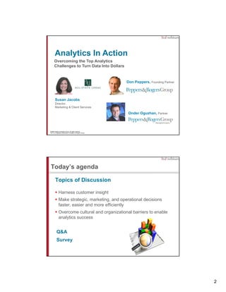 Analytics In Action
      Overcoming the Top Analytics
      Challenges to Turn Data Into Dollars


                                                             Don Peppers, Founding Partner



        Susan Jacobs
        Director,
        Marketing & Client Services

                                                             Onder Oguzhan, Partner



©2009 Peppers & Rogers Group. All rights reserved.
1to1® is a registered trademark of Peppers & Rogers Group.




Today’s agenda

        Topics of Discussion

             Harness customer insight
             Make strategic, marketing, and operational decisions
             faster, easier and more efficiently
             Overcome cultural and organizational barriers to enable
             analytics success


          Q&A
          Survey




                                                                                             2
 