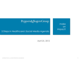 make
                                                                            an
                                                                        impact!
5 Steps in Healthcare's Social Media Agenda



                                                       April 25, 2012




COPYRIGHT © 2012. ALL RIGHTS PROTECTED AND RESERVED.                              1
 