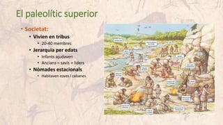 El paleolític superior
• Societat:
• Vivien en tribus
• 20-40 membres
• Jerarquia per edats
• Infants ajudaven
• Ancians = savis = líders
• Nòmades estacionals
• Habitaven coves i cabanes
 