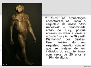 Em 1978, os arqueólogos
encontraram, na Etiópia, o
esqueleto da nossa “Avó
Ancestral” – denominada
então de Lucy, porque
aqueles estavam a ouvir a
música “Lucy in the Sky with
Diamonds”, dos Beatles.
Uma análise do seu
esqueleto permitiu concluir
que se tratava de um
indivíduo do sexo feminino,
com cerca de 20 anos e
1,20m de altura.
 