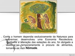 Como o homem dependia exclusivamente da Natureza para
sobreviver, desenvolveu uma Economia Recolectora.
Conforme a alteração das estações do ano, foi obrigado a
deslocar-se temporariamente à procura de alimentos,
tornando-se num Nômade.
 
