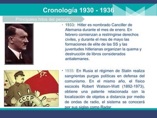 1933 :   Hitler es nombrado Canciller de Alemania durante el mes de enero. En febrero comienzan a restringirse derechos civiles, y durante el mes de mayo las formaciones de elite de las SS y las juventudes hitlerianas organizan la quema y destrucción de libros considerados antialemanes. Cronología 1930 - 1936 Principales hitos del periodo: 1935:  En Rusia el régimen de Stalin realiza sangrientas purgas políticas en defensa del comunismo .   En el mismo año, e l físico escocés Robert Watson-Watt (1892-1973) ,  obtiene una patente relacionada con la localización de objetos a distancia por medio de ondas de radio, el sistema se conocerá por sus siglas como Radar.  