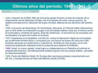 Últimos años del periodo: 1945 - 1949 1945:   Creación de la ONU: Más de cincuenta países firmaron el acta de creación de la Organización de las Naciones Unidas, con el propósito de evitar nuevas guerras. Su objetivo principal era la “salvación de la paz mundial, defensa de los derechos del hombre, etc.” 1946:   Los juicios de Nuremberg: En Nuremberg, Alemania, el Tribunal militar internacional que un año antes ha empezado a juzgar a los principales líderes nazis por crímenes contra la humanidad y crímenes de guerra, dicta las sentencias, 12 de entre los 22 acusados son condenados a la pena de muerte en la horca. 1947:  Expedición en la Antártida: Los EE.UU. inician la Operación Highjump comandada por el almirante Richard Byrd y compuesta por una fuerza de tareas de cerca de 4.000 hombres apoyada con portaviones y submarinos, divididos en tres grupos, en la m á s ambiciosa  expedición  realizada hasta el presente para explorar la Antártida.  1948 :  Israel, un nuevo estado: Israel logra su independencia en Palestina al culminar el protectorado británico .   S imultáneamente estalla la guerra con los países árabes; Jerusalén es internacionalizada.  1949:   Pacto del Atlántico Norte: En Europa diez naciones europeas conjuntamente con EE.UU. y Canadá forman el Pacto del Atlántico Norte (OTAN).  Principales hitos: 