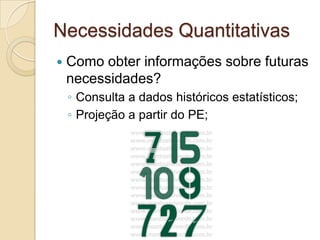 Necessidades Quantitativas
   Como obter informações sobre futuras
    necessidades?
    ◦ Consulta a dados históricos estatísticos;
    ◦ Projeção a partir do PE;
 