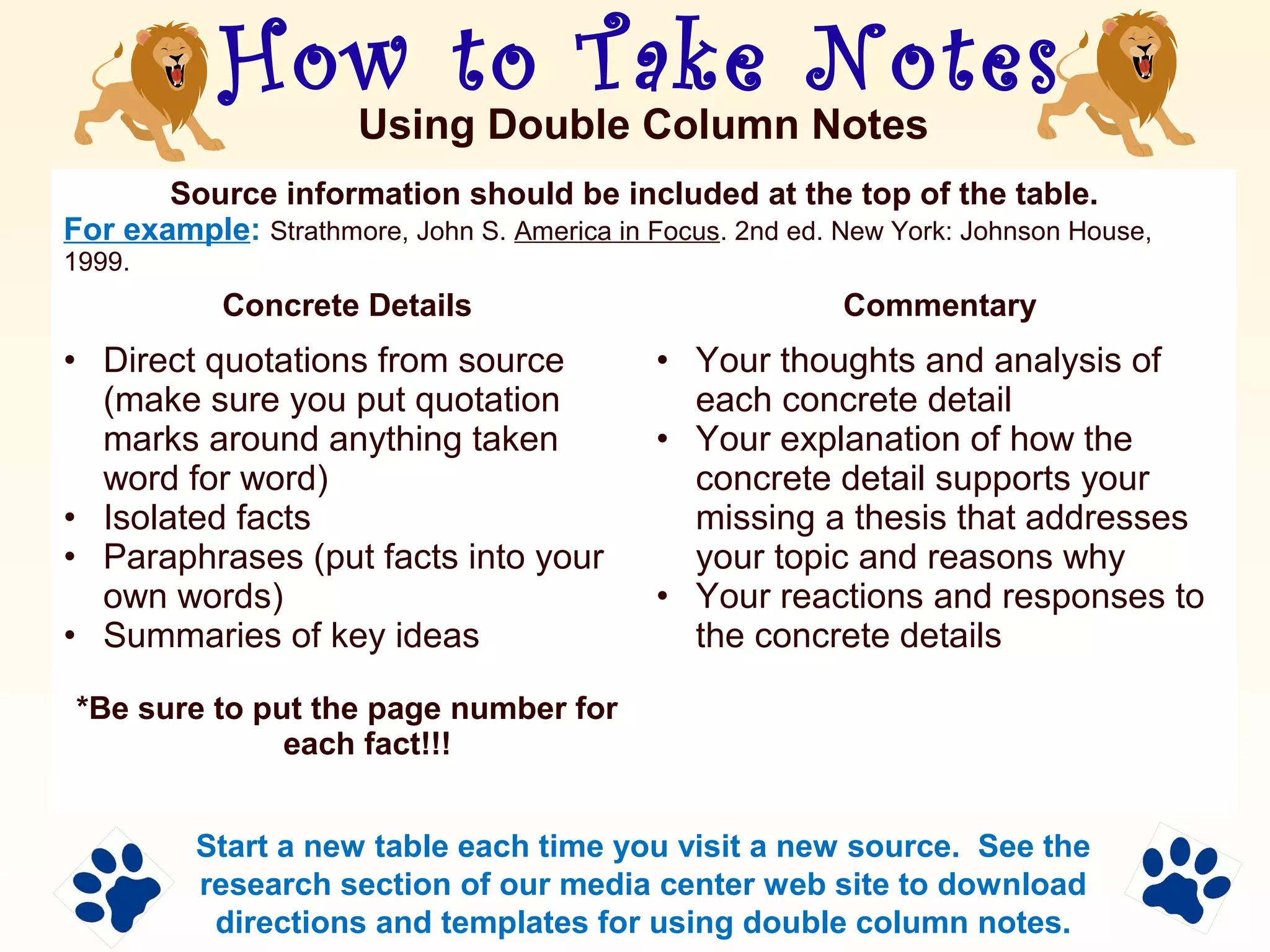 How to Take Notes
Concrete Details Commentary
• Direct quotations from source
(make sure you put quotation
marks around anything taken
word for word)
• Isolated facts
• Paraphrases (put facts into your
own words)
• Summaries of key ideas
*Be sure to put the page number for
each fact!!!
• Your thoughts and analysis of
each concrete detail
• Your explanation of how the
concrete detail supports your
missing a thesis that addresses
your topic and reasons why
• Your reactions and responses to
the concrete details
Using Double Column Notes
Start a new table each time you visit a new source. See the
research section of our media center web site to download
directions and templates for using double column notes.
Source information should be included at the top of the table.
For example: Strathmore, John S. America in Focus. 2nd ed. New York: Johnson House,
1999.
 