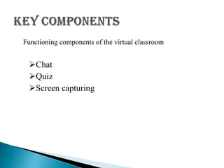Functioning components of the virtual classroom
Chat
Quiz
Screen capturing
 