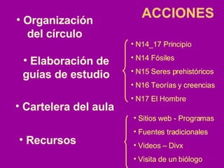 ACCIONES Organización del círculo Recursos Elaboración de guías de estudio Cartelera del aula N14_17 Principio N14 Fósiles N15 Seres prehistóricos N16 Teorías y creencias N17 El Hombre Sitios web - Programas  Fuentes tradicionales Videos – Divx Visita de un biólogo 