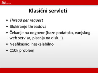 •Thread per request 
•Blokiranje threadova 
•Čekanje na odgovor (baze podataka, vanjskog web servisa, pisanja na disk...) 
•Neefikasno, neskalabilno 
•C10k problem 
Klasični servleti  