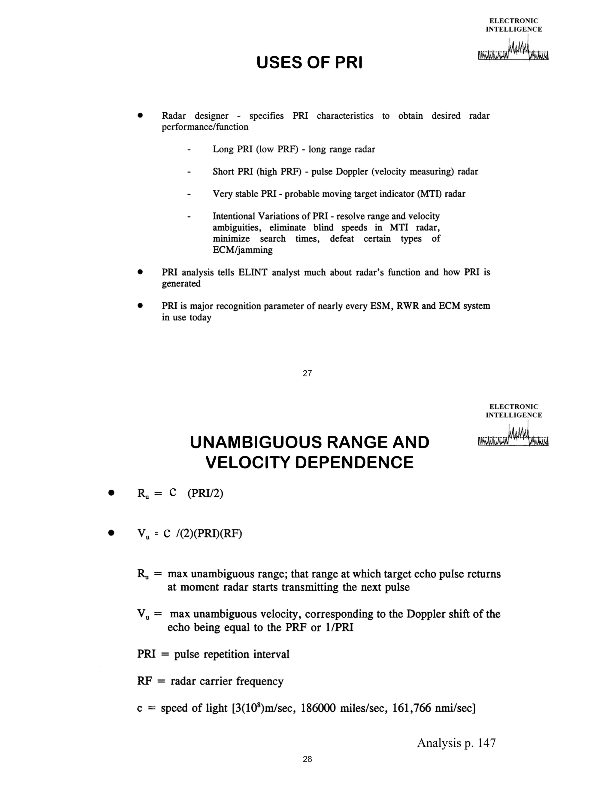 USES OF PRI

27

UNAMBIGUOUS RANGE AND
VELOCITY DEPENDENCE
c
c

Analysis p. 147
28

 