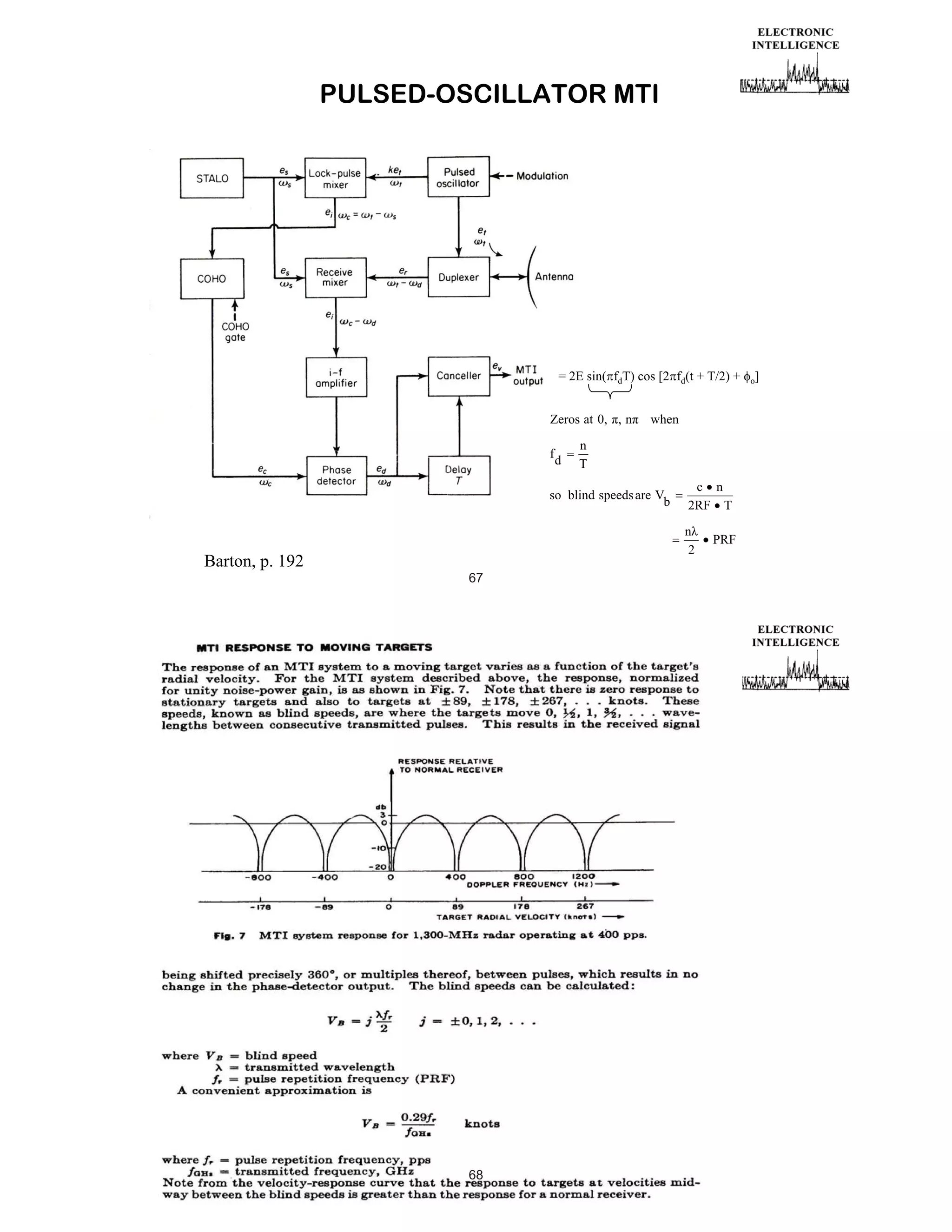PULSED-OSCILLATOR MTI

= 2E sin( fdT) cos [2 fd(t + T/2) +
Zeros at 0, , n
f

d

when

n
T

so blind speeds are V
b

c n
2RF T
n
2

Barton, p. 192
67

Page M50.ppt

68

PRF

o]

 