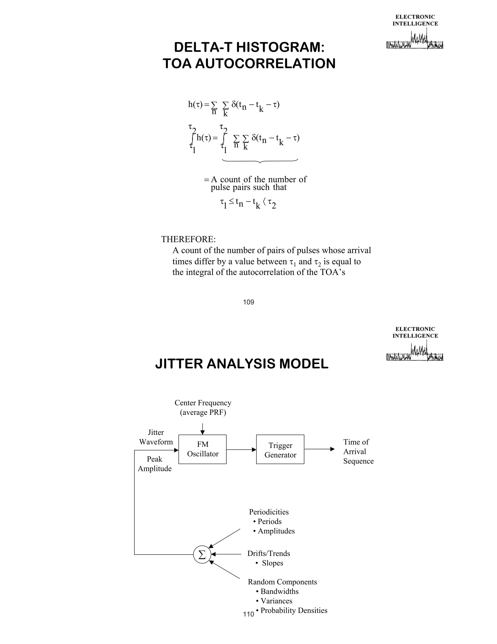 DELTA-T HISTOGRAM:
TOA AUTOCORRELATION
h( )
2

n k

h( )

1

(t n

t

2

)

k

(t n

n k
1

t

k

)

A count of the number of
pulse pairs such that
1

tn

t

k

2

THEREFORE:
A count of the number of pairs of pulses whose arrival
times differ by a value between 1 and 2 is equal to
the integral of the autocorrelation of the TOA’s
109

JITTER ANALYSIS MODEL
Center Frequency
(average PRF)
Jitter
Waveform
Peak
Amplitude

FM
Oscillator

Trigger
Generator

Periodicities
• Periods
• Amplitudes
Drifts/Trends
• Slopes
Random Components
• Bandwidths
• Variances
• Probability Densities
110

Time of
Arrival
Sequence

 