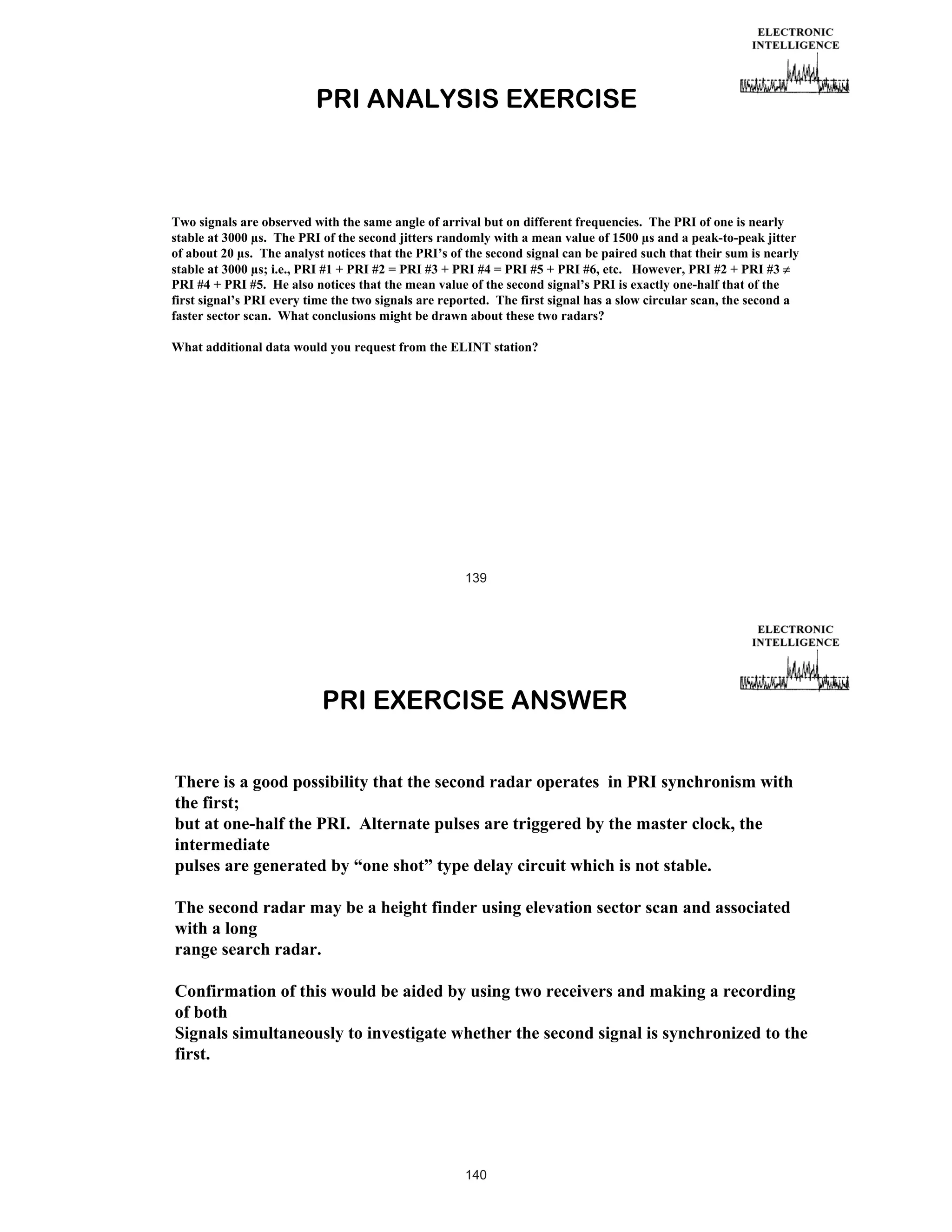 PRI ANALYSIS EXERCISE

Two signals are observed with the same angle of arrival but on different frequencies. The PRI of one is nearly
stable at 3000 μs. The PRI of the second jitters randomly with a mean value of 1500 μs and a peak-to-peak jitter
of about 20 μs. The analyst notices that the PRI’s of the second signal can be paired such that their sum is nearly
stable at 3000 μs; i.e., PRI #1 + PRI #2 = PRI #3 + PRI #4 = PRI #5 + PRI #6, etc. However, PRI #2 + PRI #3
PRI #4 + PRI #5. He also notices that the mean value of the second signal’s PRI is exactly one-half that of the
first signal’s PRI every time the two signals are reported. The first signal has a slow circular scan, the second a
faster sector scan. What conclusions might be drawn about these two radars?
What additional data would you request from the ELINT station?

139

PRI EXERCISE ANSWER
There is a good possibility that the second radar operates in PRI synchronism with
the first;
but at one-half the PRI. Alternate pulses are triggered by the master clock, the
intermediate
pulses are generated by “one shot” type delay circuit which is not stable.
The second radar may be a height finder using elevation sector scan and associated
with a long
range search radar.
Confirmation of this would be aided by using two receivers and making a recording
of both
Signals simultaneously to investigate whether the second signal is synchronized to the
first.

140

 