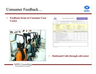 Consumer Feedback…

•   Feedback forms in Consumer Care
    Center




                                      •   Outbound Calls through call center


       NDPL Consulting
        North Delhi Power Limited
 