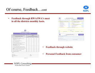 Of course, Feedback…cont

 •   Feedback through RWA/IWA’s meet
     in all the districts monthly basis.




                                    •   Feedback through website

                                    •   Personal Feedback from consumer


       NDPL Consulting
        North Delhi Power Limited
 