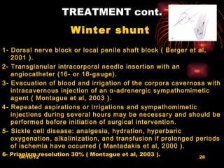 TREATMENT cont.
                      Winter shunt
1- Dorsal nerve block or local penile shaft block ( Berger et al,
   2001 ).
2- Transglanular intracorporal needle insertion with an
   angiocatheter (16- or 18-gauge).
3- Evacuation of blood and irrigation of the corpora cavernosa with
   intracavernous injection of an α-adrenergic sympathomimetic
   agent ( Montague et al, 2003 ).
4- Repeated aspirations or irrigations and sympathomimetic
   injections during several hours may be necessary and should be
   performed before initiation of surgical intervention.
5- Sickle cell disease: analgesia, hydration, hyperbaric
   oxygenation, alkalinization, and transfusion if prolonged periods
   of ischemia have occurred ( Mantadakis et al, 2000 ).
6- Priapism resolution 30% ( Montague et al, 2003 ).
      04/10/12                                               28
 