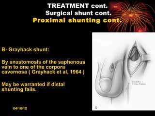 TREATMENT cont.
                  Surgical shunt cont.
               Proximal shunting cont.



B- Grayhack shunt:

By anastomosis of the saphenous
vein to one of the corpora
cavernosa ( Grayhack et al, 1964 )

May be warranted if distal
shunting fails.


    04/10/12                             35
 