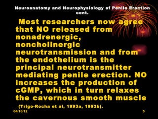 Neuroanatomy and Neurophysiology of Penile Erection
                      cont.

  Most researchers now agree
 that NO released from
 nonadrenergic,
 noncholinergic
 neurotransmission and from
 the endothelium is the
 principal neurotransmitter
 mediating penile erection. NO
 increases the production of
 cGMP, which in turn relaxes
 the cavernous smooth muscle
  (Trigo-Rocha et al, 1993a, 1993b).
04/10/12                                        5
 