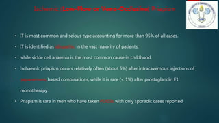 Ischemic (Low-Flow or Veno-Occlusive) Priapism
• IT is most common and seious type accounting for more than 95% of all cases.
• IT is identified as idiopathic in the vast majority of patients,
• while sickle cell anaemia is the most common cause in childhood.
• Ischaemic priapism occurs relatively often (about 5%) after intracavernous injections of
papaverinem based combinations, while it is rare (< 1%) after prostaglandin E1
monotherapy.
• Priapism is rare in men who have taken PDE5Is with only sporadic cases reported
 