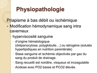 PhysiopathologiePriapisme à bas débit ou ischémiqueModification hémodynamique sang intra caverneux hyperviscosité sanguine d’origine hématologique (drépanocytose, polyglobulie…) ou iatrogène (solutés hyperlipidiques en nutrition parentérale)Stase sanguine et ischémie objectivée par gaz du sang du produit de drainage. Sang recueilli est noirâtre, visqueux et incoagulableAcidose avec PO2 basse et PCO2 élevée. 