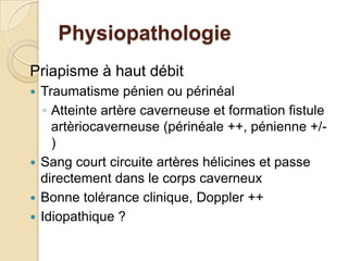 PhysiopathologiePriapisme à haut débitTraumatisme pénien ou périnéal Atteinte artère caverneuse et formation fistule artèriocaverneuse (périnéale ++, pénienne +/-) Sang court circuite artères hélicines et passe directement dans le corps caverneuxBonne tolérance clinique, Doppler ++Idiopathique ?