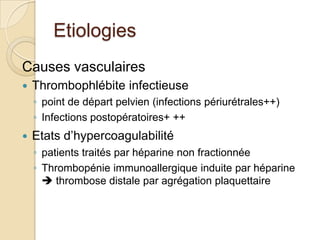 EtiologiesCauses vasculairesThrombophlébite infectieuse point de départ pelvien (infections périurétrales++)Infections postopératoires+ ++Etats d’hypercoagulabilitépatients traités par héparine non fractionnéeThrombopénie immunoallergique induite par héparine  thrombose distale par agrégation plaquettaire
