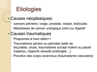 EtiologiesCauses néoplasiques: cancers pelviens: verge, prostate, vessie, testiculesMétastases de cancer urologique (rein) ou digestifCauses traumatiquesPriapismes à haut débit++Traumatisme pénien ou périnéal (selle de bicyclette, chute, traumatisme scrotal violent ou passé inaperçu, rapports sexuels prolongés…)Ponction des corps caverneux (traumatisme vasculaire)
