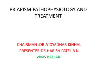 PRIAPISM:PATHOPHYSIOLOGY AND
TREATMENT
CHAIRMAN :DR .VIDYADHAR KINHAL
PRESENTER:DR.HARISH PATEL B N
VIMS BALLARI
 