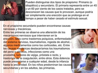 Pueden distinguirse dos tipos de priapismo: Primario (o idiopático) y secundario. El primario representa entre un 45 y un 60 por ciento de los casos tratados, pero se desconocen las causas que lo provocan, aunque podría ser simplemente una erección que se prolonga en el tiempo a pesar de haber cesado el estímulo sexual.En el priapismo secundario pueden encontrarse causas nerviosas y mecánicas.Entre las primeras se observa una alteración de los mecanismos nerviosos que intervienen en la erección, tales como trastornos psíquicos, enfermedades del sistema nervioso, traumatismos, ingesta de alcohol, o algunos medicamentos como los corticoides, etc. Entre las causas mecánicas destacaríamos los traumatismos del pene o pélvicos, infecciones como una prostatitis, tumores de vejiga, próstata o recto, y trastornos de la coagulación, entre otros. Esta dolencia puede presentarse a cualquier edad, desde la infancia hasta la ancianidad. En los niños predominan las causas secundarias y en los adultos, las primarias.