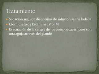  Sedación seguida de enemas de solución salina helada.
 Clorhidrato de ketamina IV o IM
 Evacuación de la sangre de los cuerpos cavernosos con
 una aguja atreves del glande
 
