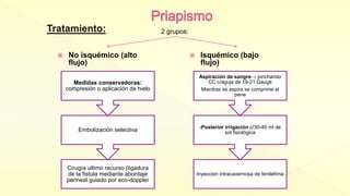  No isquémico (alto
flujo)
Cirugía ultimo recurso (ligadura
de la fistula mediante abordaje
perineal guiado por eco-doppler
Embolización selectiva
Medidas conservadoras:
compresión o aplicación de hielo
 Isquémico (bajo
flujo)
Inyección intracavernosa de fenilefrina
-Posterior irrigación c/30-40 ml de
sol fisiológica
Aspiración de sangre→ pinchando
CC c/aguja de 19-21 Gauge
Mientras se aspira se comprime el
pene
2 grupos:
 