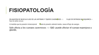 FISIOPATOLOGÍA
RELAJACION DE MUSCULO LISO DE LAS ARTERIAS Y TEJIDOS CAVERNOSOS -> FLUJO DE ENTRADA NO ISQUEMICA +
flujo de salida venoso
A medida que la presión intracorporal hasta la presión arterial media, cesa el flujo de sangre.
Solo afecta a los cuerpos cavernosos -> OJO: puede afectar el cuerpo esponjoso y
glande.
 