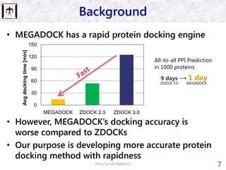 Background
• MEGADOCK has a rapid protein docking engine
                            150
   Avg docking time [min]




   ...