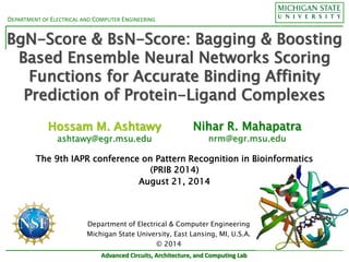 DEPARTMENT OF ELECTRICAL AND COMPUTER ENGINEERING
Advanced Circuits, Architecture, and Computing Lab
BgN-Score & BsN-Score: Bagging & Boosting
Based Ensemble Neural Networks Scoring
Functions for Accurate Binding Affinity
Prediction of Protein-Ligand Complexes
Hossam M. Ashtawy
ashtawy@egr.msu.edu
The 9th IAPR conference on Pattern Recognition in Bioinformatics
(PRIB 2014)
August 21, 2014
Nihar R. Mahapatra
nrm@egr.msu.edu
Department of Electrical & Computer Engineering
Michigan State University, East Lansing, MI, U.S.A.
© 2014
 