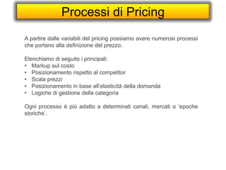 Processi di Pricing
A partire dalle variabili del pricing possiamo avere numerosi processi
che portano alla definizione del prezzo.
Elenchiamo di seguito i principali:
• Markup sul costo
• Posizionamento rispetto al competitor
• Scala prezzi
• Posizionamento in base all’elasticità della domanda
• Logiche di gestione della categoria
Ogni processo è più adatto a determinati canali, mercati o ‘epoche
storiche’.
 