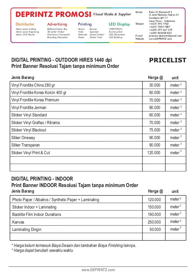 Price List Daftar Harga Percetakan Digital Printing Indoor
