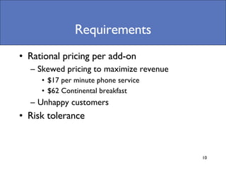 Requirements Rational pricing per add-on Skewed pricing to maximize revenue $17 per minute phone service $62 Continental breakfast Unhappy customers Risk tolerance 