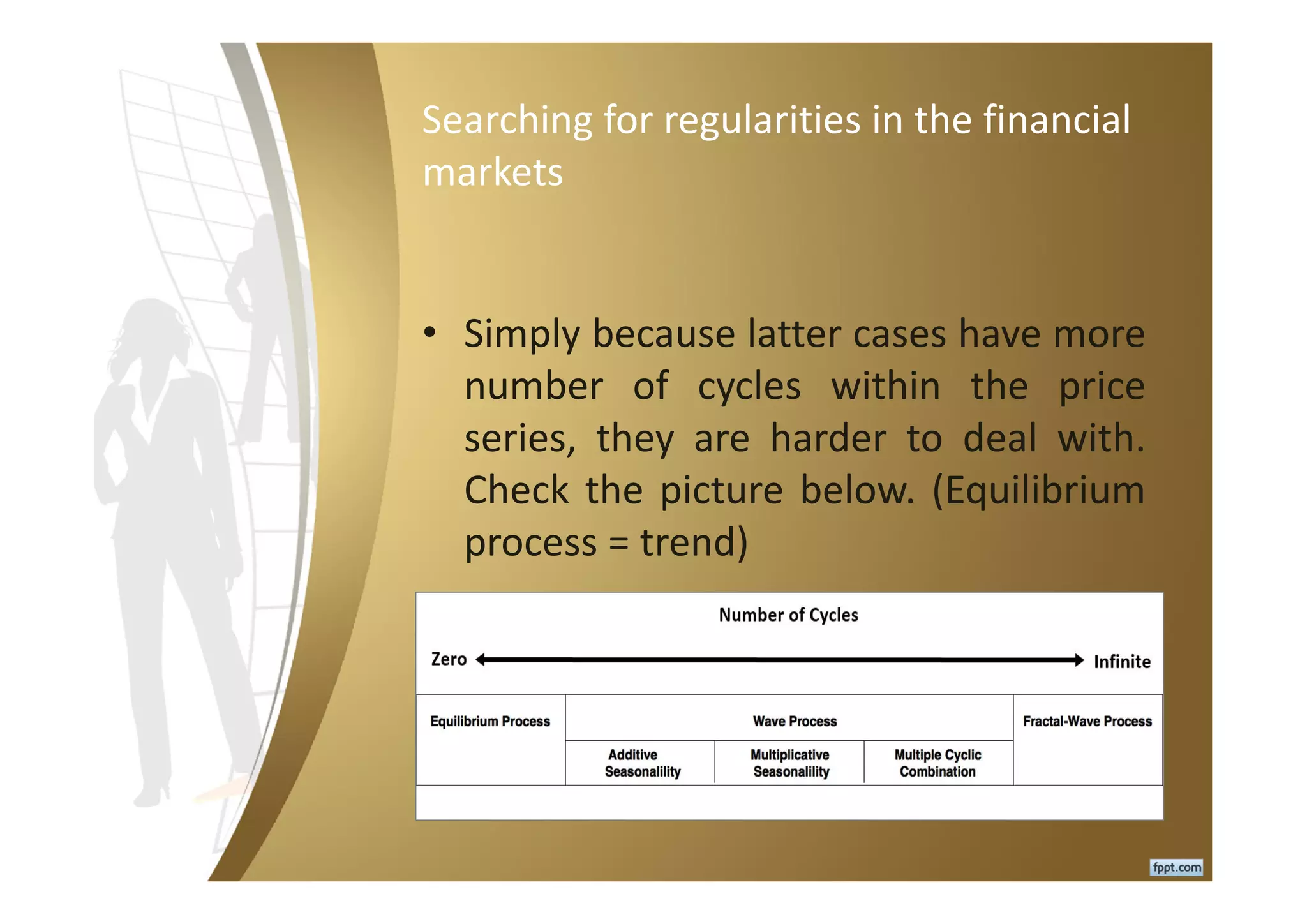 Searching for regularities in the financial
markets
• Simply because latter cases have more
number of cycles within the price
series, they are harder to deal with.
Check the picture below. (Equilibrium
process = trend)
 