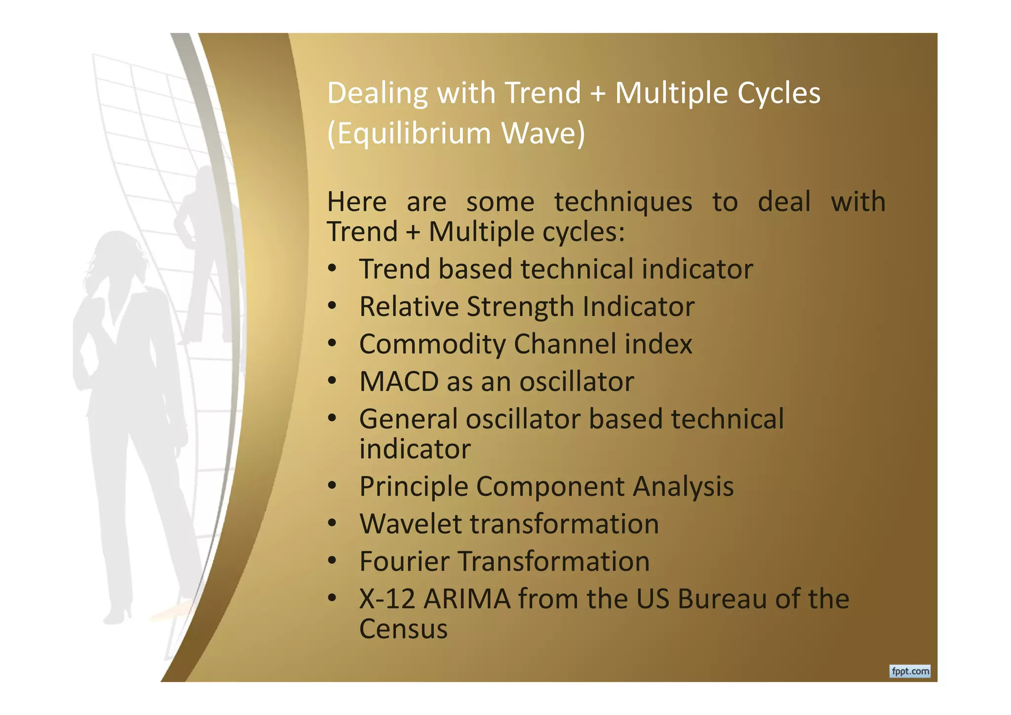 Dealing with Trend + Multiple Cycles
(Equilibrium Wave)
Here are some techniques to deal with
Trend + Multiple cycles:
• Trend based technical indicator
• Relative Strength Indicator
• Commodity Channel index
• MACD as an oscillator
• General oscillator based technical
indicator
• Principle Component Analysis
• Wavelet transformation
• Fourier Transformation
• X-12 ARIMA from the US Bureau of the
Census
 