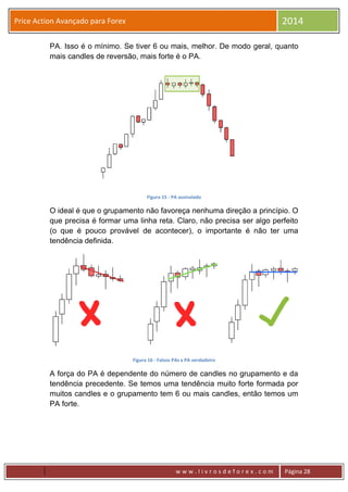 w w w . l i v r o s d e f o r e x . c o m Página 28
Price Action Avançado para Forex 2014
PA. Isso é o mínimo. Se tiver 6 ou mais, melhor. De modo geral, quanto
mais candles de reversão, mais forte é o PA.
Figura 15 - PA assinalado
O ideal é que o grupamento não favoreça nenhuma direção a princípio. O
que precisa é formar uma linha reta. Claro, não precisa ser algo perfeito
(o que é pouco provável de acontecer), o importante é não ter uma
tendência definida.
Figura 16 - Falsos PAs x PA verdadeiro
A força do PA é dependente do número de candles no grupamento e da
tendência precedente. Se temos uma tendência muito forte formada por
muitos candles e o grupamento tem 6 ou mais candles, então temos um
PA forte.
 