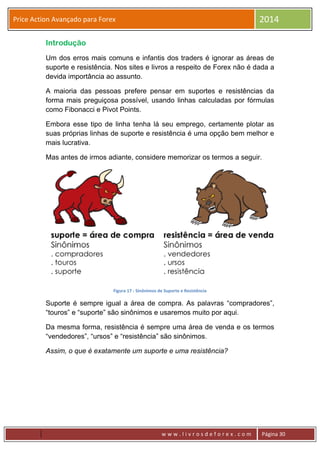 w w w . l i v r o s d e f o r e x . c o m Página 30
Price Action Avançado para Forex 2014
Introdução
Um dos erros mais comuns e infantis dos traders é ignorar as áreas de
suporte e resistência. Nos sites e livros a respeito de Forex não é dada a
devida importância ao assunto.
A maioria das pessoas prefere pensar em suportes e resistências da
forma mais preguiçosa possível, usando linhas calculadas por fórmulas
como Fibonacci e Pivot Points.
Embora esse tipo de linha tenha lá seu emprego, certamente plotar as
suas próprias linhas de suporte e resistência é uma opção bem melhor e
mais lucrativa.
Mas antes de irmos adiante, considere memorizar os termos a seguir.
Figura 17 - Sinônimos de Suporte e Resistência
Suporte é sempre igual a área de compra. As palavras “compradores”,
“touros” e “suporte” são sinônimos e usaremos muito por aqui.
Da mesma forma, resistência é sempre uma área de venda e os termos
“vendedores”, “ursos” e “resistência” são sinônimos.
Assim, o que é exatamente um suporte e uma resistência?
 