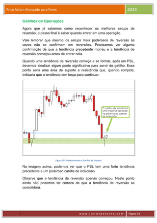 w w w . l i v r o s d e f o r e x . c o m Página 44
Price Action Avançado para Forex 2014
Gatilhos de Operações
Agora que já sabemos como reconhecer os melhores setups de
reversão, o passo final é saber quando entrar em uma operação.
Vale lembrar que mesmo os setups mais poderosos de reversão às
vezes não se confirmam em reversões. Precisamos ver alguma
confirmação de que a tendência precedente morreu e a tendência de
reversão começou antes de entrar nela.
Quando uma tendência de reversão começa a se formar, após um PSL,
devemos sinalizar algum ponto significativo para servir de gatilho. Esse
ponto seria uma área de suporte e resistência que, quando rompida,
indicaria que a tendência tem força para continuar.
Figura 30 - Determinando o Gatilho de Entrada
Na imagem acima, podemos ver que o PSL tem uma forte tendência
precedente e um poderoso candle de indecisão.
Observe que a tendência de reversão apenas começou. Neste ponto
ainda não podemos ter certeza de que a tendência de reversão se
consolidará.
 