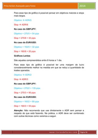 w w w . l i v r o s d e f o r e x . c o m Página 56
Price Action Avançado para Forex 2014
Para esse tipo de gráfico é possível pensar em objetivos maiores e stops
mais largos.
Objetivo  ADR/5
Stop  ADR/8
No caso do GBP/JPY:
Objetivo = 270/5 = 54 pips
Stop = 270/8 = 33 pips
No caso do EUR/USD:
Objetivo = 160/5 = 32 pips
Stop = 160/8 = 20 pips
Gráficos Lentos
São aqueles compreendidos entre 8 horas e 1 dia.
Para esse tipo de gráfico é possível ter uma margem de lucro
consideravelmente melhor na medida em que se reduz a quantidade de
trades operados.
Objetivo  ADR/2
Stop  ADR/3
No caso do GBP/JPY:
Objetivo = 270/2 = 135 pips
Stop = 270/3 = 90 pips
No caso do EUR/USD:
Objetivo = 160/2 = 80 pips
Stop = 160/3 = 53 pips
Atenção: Não recomendo que use diretamente o ADR sem pensar a
respeito do que está fazendo. Na prática, o ADR deve ser combinado
com outras técnicas como veremos a seguir.
 