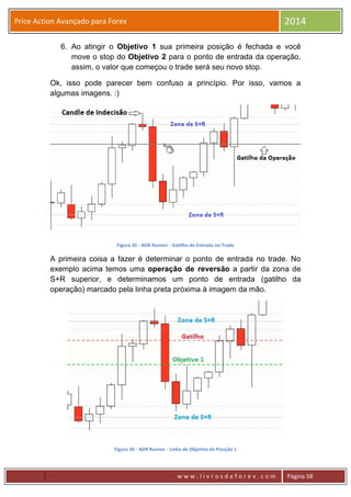 w w w . l i v r o s d e f o r e x . c o m Página 58
Price Action Avançado para Forex 2014
6. Ao atingir o Objetivo 1 sua primeira posição é fechada e você
move o stop do Objetivo 2 para o ponto de entrada da operação,
assim, o valor que começou o trade será seu novo stop.
Ok, isso pode parecer bem confuso a princípio. Por isso, vamos a
algumas imagens. :)
Figura 35 - ADR Runner - Gatilho de Entrada no Trade
A primeira coisa a fazer é determinar o ponto de entrada no trade. No
exemplo acima temos uma operação de reversão a partir da zona de
S+R superior, e determinamos um ponto de entrada (gatilho da
operação) marcado pela linha preta próxima à imagem da mão.
Figura 36 - ADR Runner - Linha de Objetivo da Posição 1
 