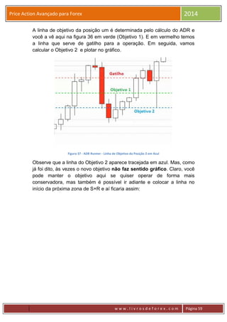 w w w . l i v r o s d e f o r e x . c o m Página 59
Price Action Avançado para Forex 2014
A linha de objetivo da posição um é determinada pelo cálculo do ADR e
você a vê aqui na figura 36 em verde (Objetivo 1). E em vermelho temos
a linha que serve de gatilho para a operação. Em seguida, vamos
calcular o Objetivo 2 e plotar no gráfico.
Figura 37 - ADR Runner - Linha de Objetivo da Posição 2 em Azul
Observe que a linha do Objetivo 2 aparece tracejada em azul. Mas, como
já foi dito, às vezes o novo objetivo não faz sentido gráfico. Claro, você
pode manter o objetivo aqui se quiser operar de forma mais
conservadora, mas também é possível ir adiante e colocar a linha no
início da próxima zona de S+R e aí ficaria assim:
 